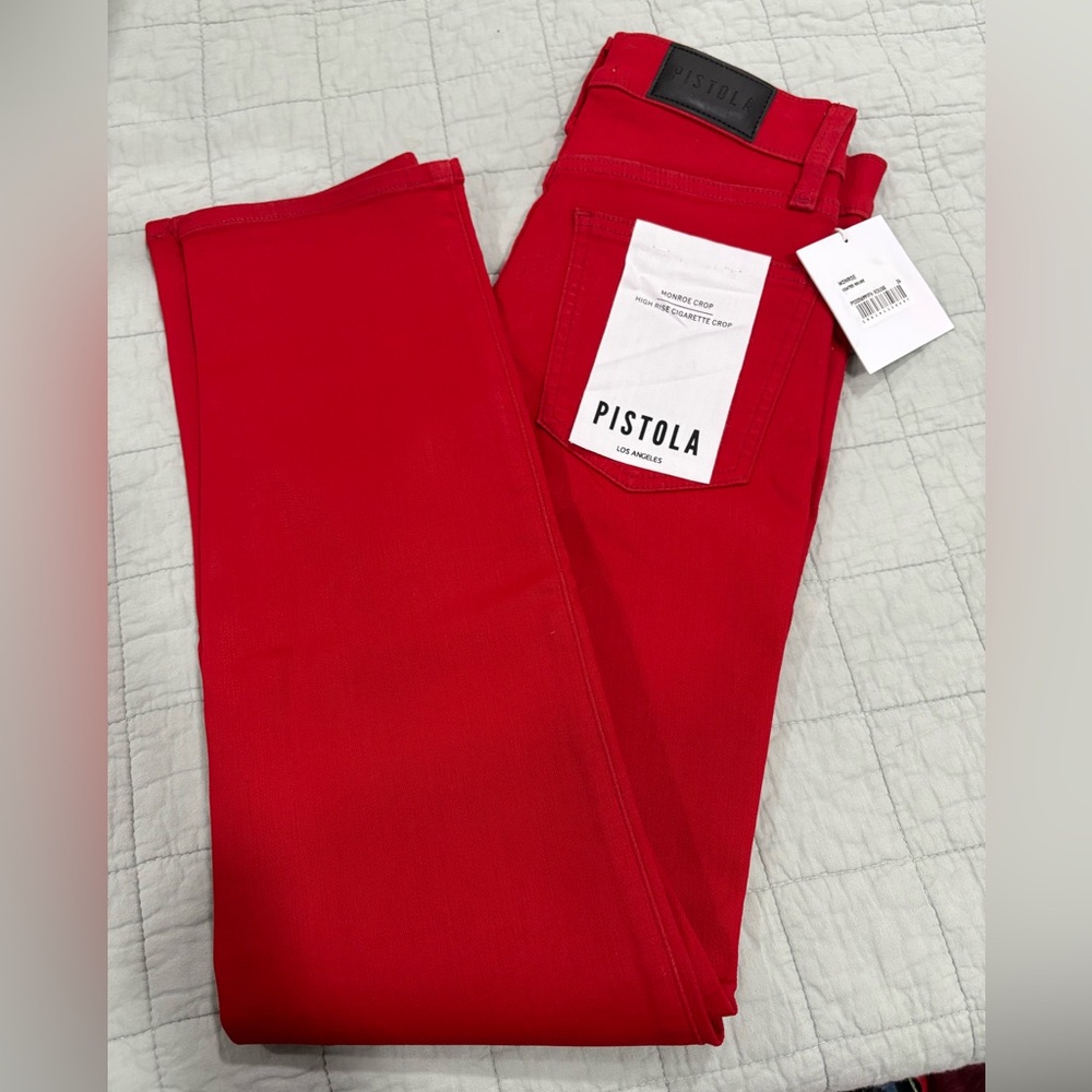 NWT Pistola Monroe Crop High Rise Cigarette Crop Coated Rouge Size 26 Red
